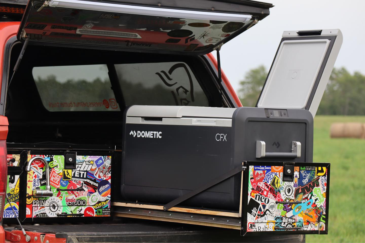 3rd Gen Tacoma With Dometic CFX 75DZ Portable Fridge On Custom Bed Slide