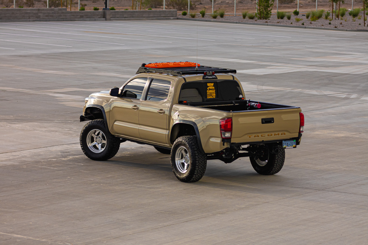 3rd Gen Tacoma with Prinsu Special Edition Desert Intake Fitment Rack with ActionTrax Traction Boards in Orange