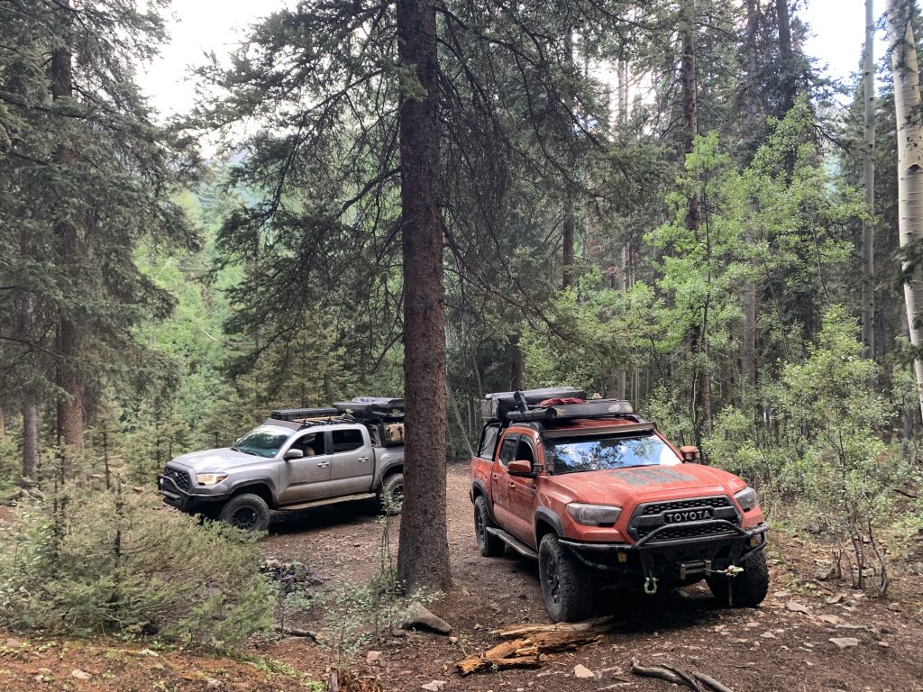 Inferno Red 3rd Gen Tacoma Overland Build Near Wooded Campsite