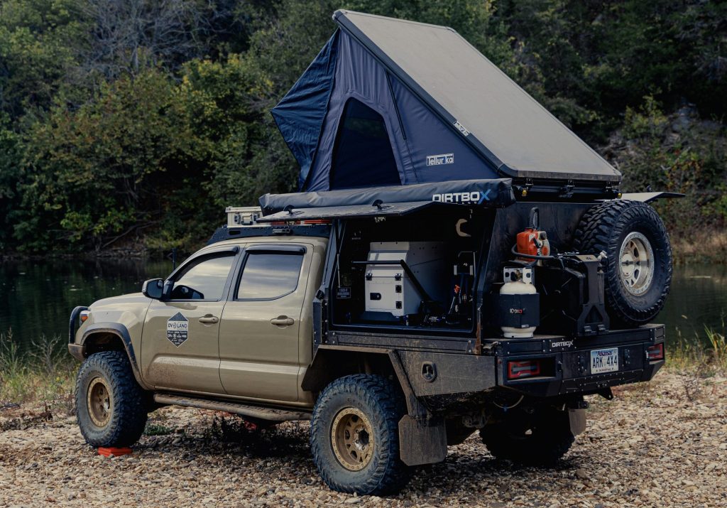 Dirtbox Flatbed Tray And Canopy System For Toyota Tacoma With Wedge Style Rooftop Tent