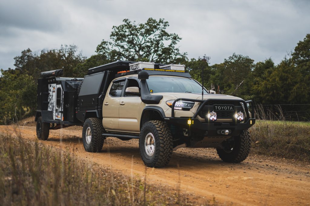 Quicksand Tacoma Overland Build With Backwoods Adventure Mods HiLine Front Bumper, Dirtbox Bed Tray & Canopy, Towing Adventure Trailer