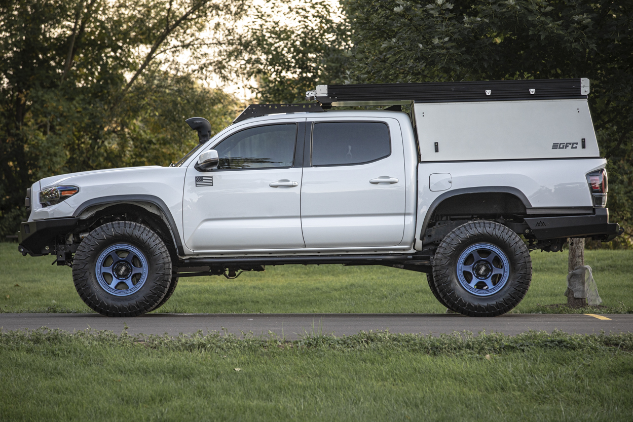 White 3rd Gen Tacoma With White GFC Camper & Blue RRW Wheels