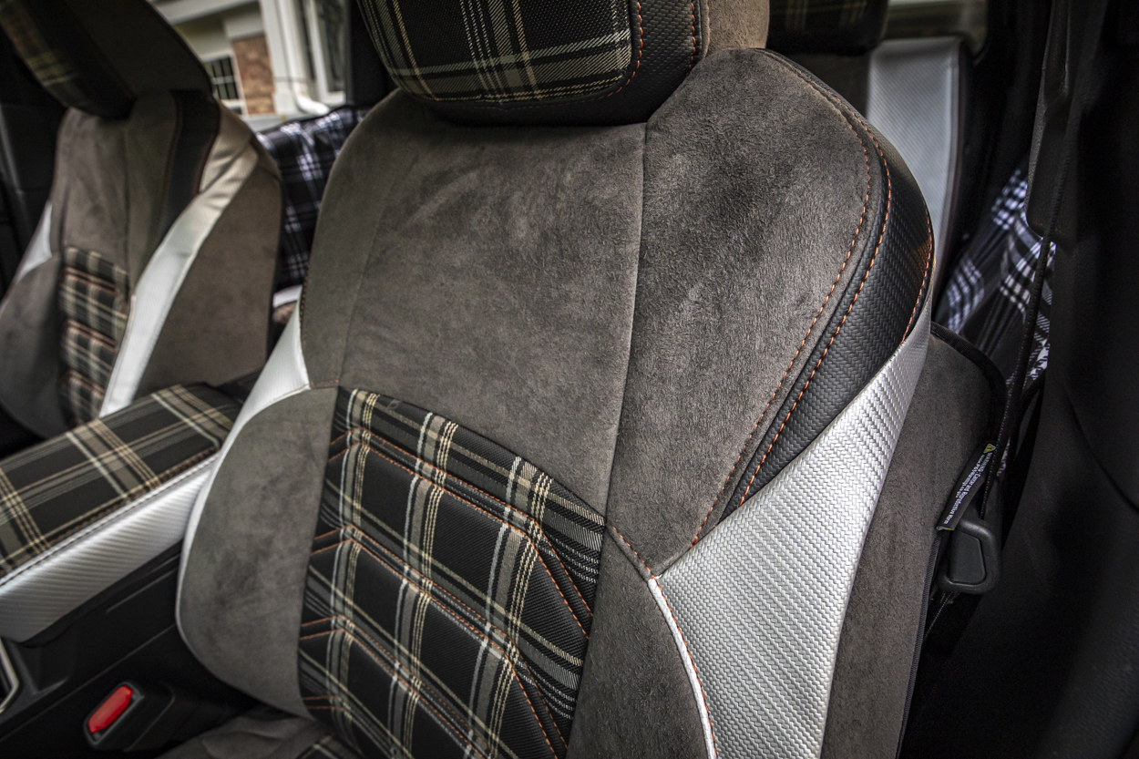 PRP Seat Covers With Dark Gray Suede, Black & Silver Carbon Fiber Vinyl, Bronze Stitching, Italia Center Stitch & Tan Plaid