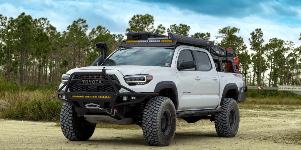 C4 Fabrication Hybrid Bumper On White 3rd Gen Tacoma & Prinsu Roof Rack